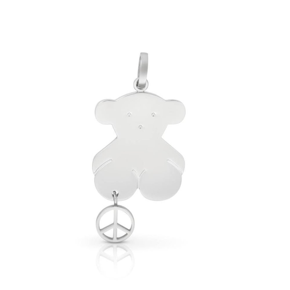 NWT Tous Peace Necklace Motif Bear Pendant stainless steel silver color